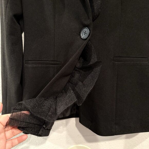 Grey Lab Black Blazer Jacket Ruffle Collar Single Button Size Small Office Work - Picture 6 of 11